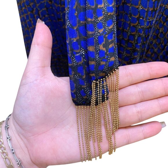 NWT Joseph Ribkoff Sheer Blue & Black Blouse w/Gold Fringe Detail Size 18 - Picture 4 of 8